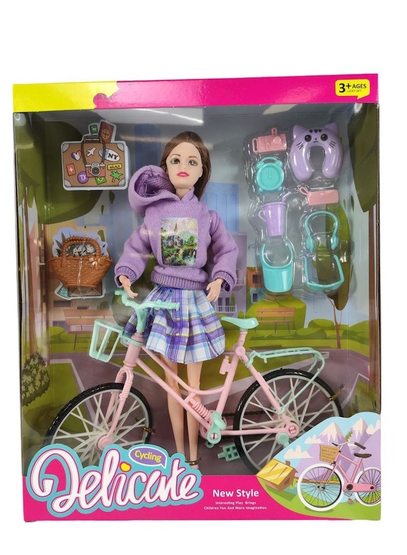 Delicate Cycling Fashion Doll Set with Pink Bicycle, Purple Outfit and Accessories, Ages 3+ - Image 1