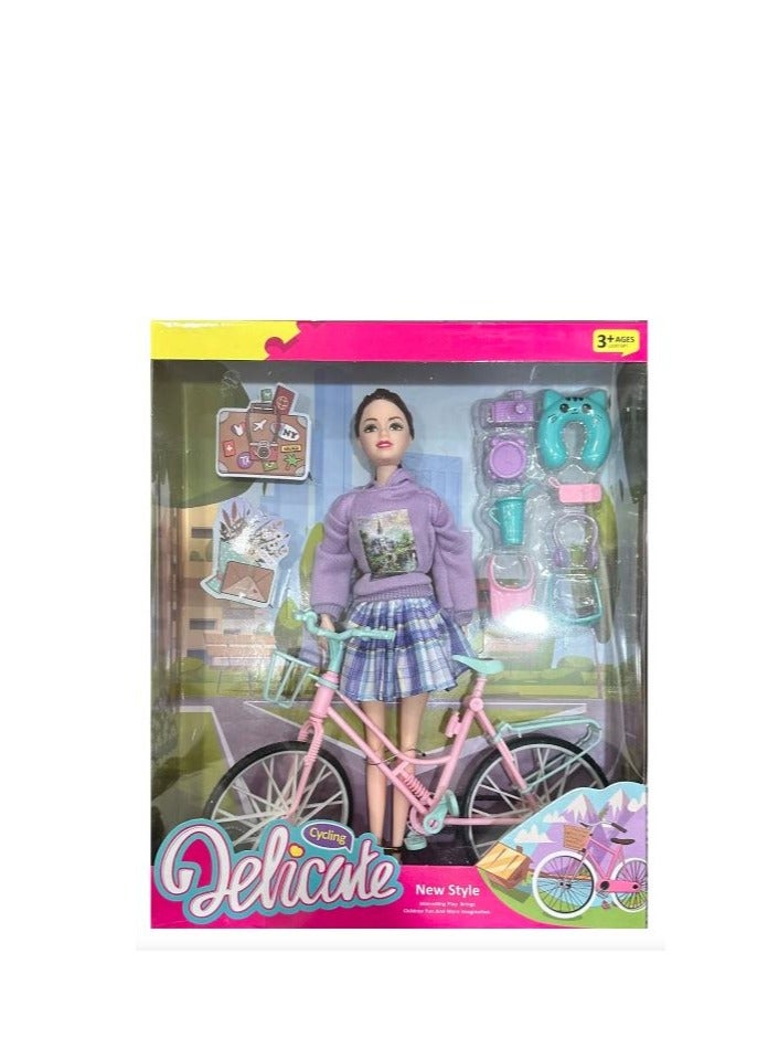 Delicate Cycling Fashion Doll Set with Pink Bicycle, Purple Outfit and Accessories, Ages 3+ - Image 2