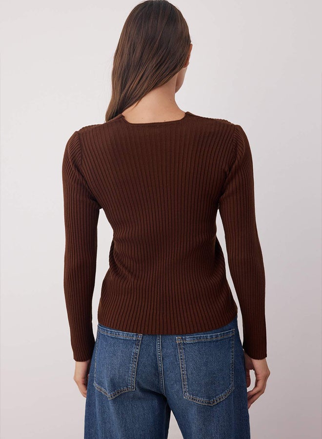 trendyol Brown*001 Fitted/Slim Fit Straight Double Breasted Slim Knitwear Sweater - Image 4