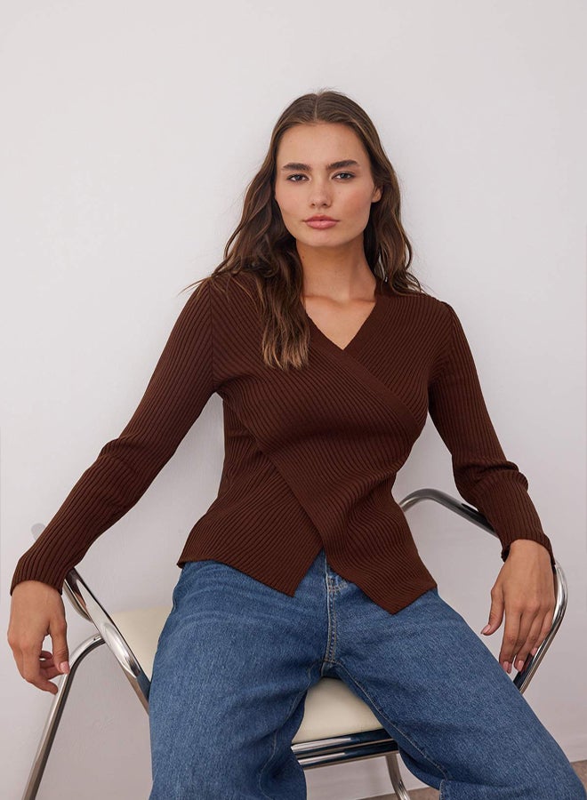 trendyol Brown*001 Fitted/Slim Fit Straight Double Breasted Slim Knitwear Sweater - Image 1