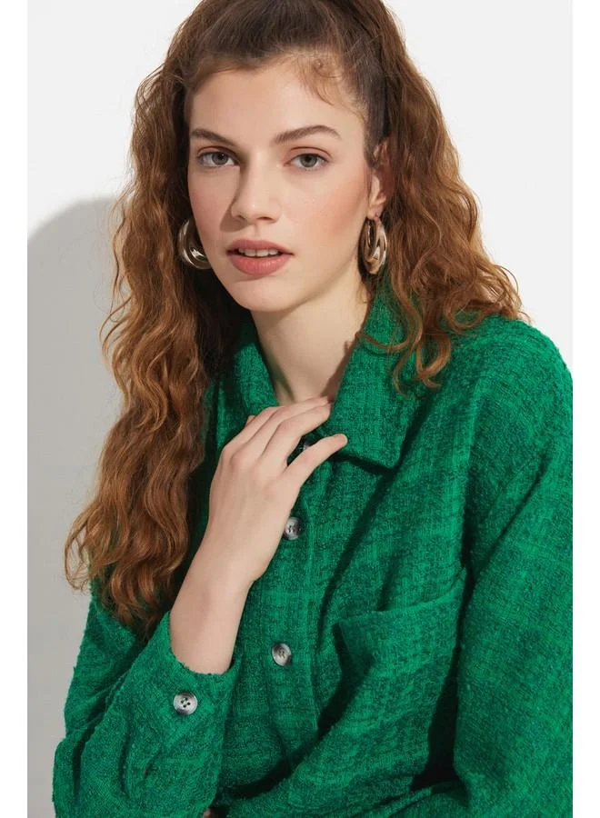 JUNE June Women Regular Pocket Detailed Tweed Jacket Green