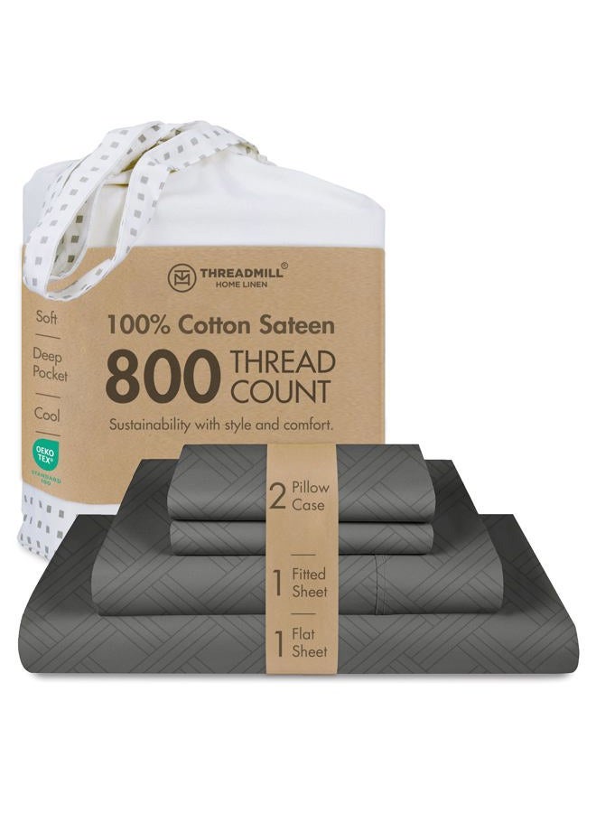 Threadmill Home Linen Luxury 100% Cotton King Sheets - 800 Thread Count Jacquard Celine Dark Grey, Better Than Egyptian Cotton,4 Pc Striped Bed Set, Damask Sheets, Fits 16'' Deep Pocket by