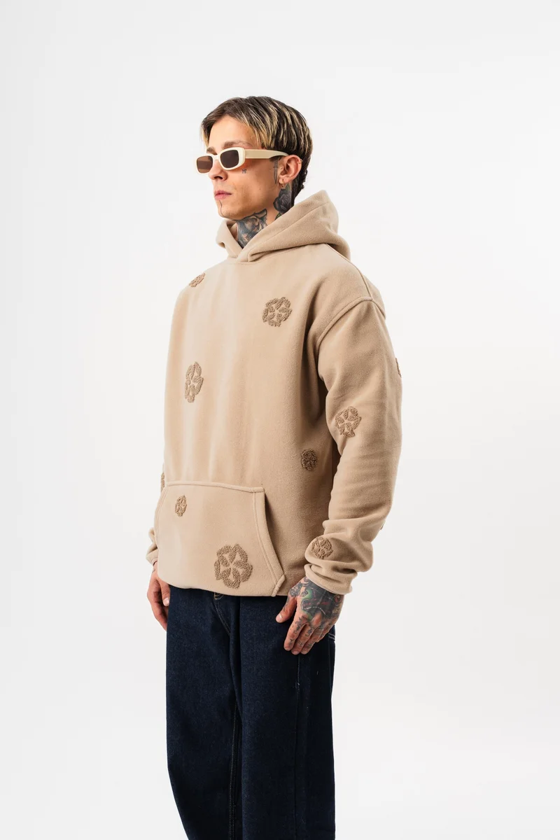 RESPIRE Men's Süzene Embroidery Detail Hooded Oversize Fleece Hoodie Beige