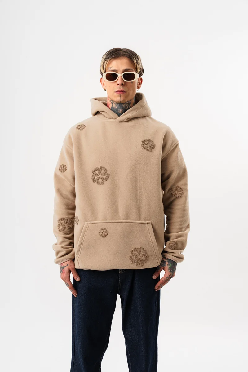 RESPIRE Men's Süzene Embroidery Detail Hooded Oversize Fleece Hoodie Beige