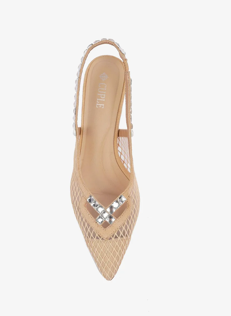 Cuple Beige Sling back Healed Mesh Pumps for Women | Best Price UAE