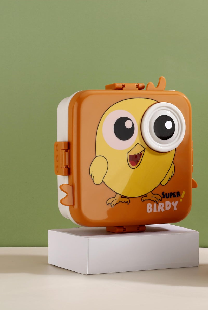 Clazkit 3-Compartment Birdy Printed Design Lunch Box – Leak-Proof & BPA-Free Bento Box with Platic Tray, Spoon & Container for School, Office, Travel – 1120ml + 70ml, Orange - Image 1