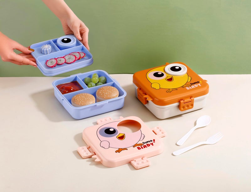 Clazkit 3-Compartment Birdy Printed Design Lunch Box – Leak-Proof & BPA-Free Bento Box with Platic Tray, Spoon & Container for School, Office, Travel – 1120ml + 70ml, Orange - Image 5