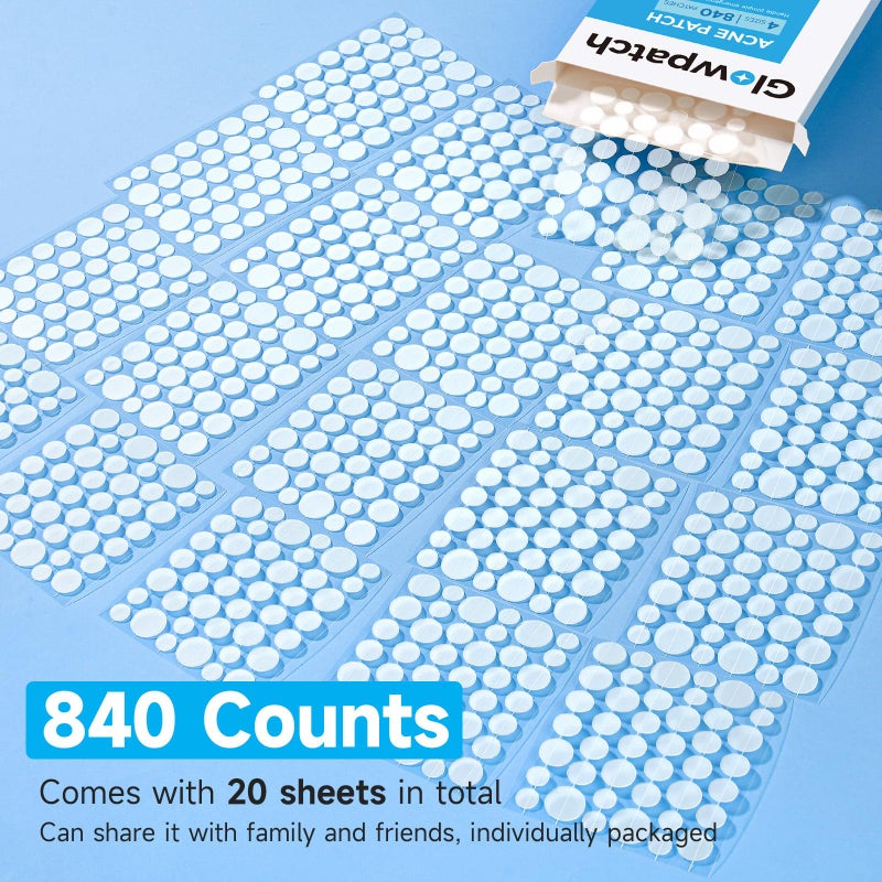 Glowpatch Acne Pimple Patch(840 Counts 4 Sizes), Zit Stickers for Face, Hydrocolloid Spot Stickers, Clear Acne Dots for Covering Zits, Blemishes, and Breakouts - Image 2