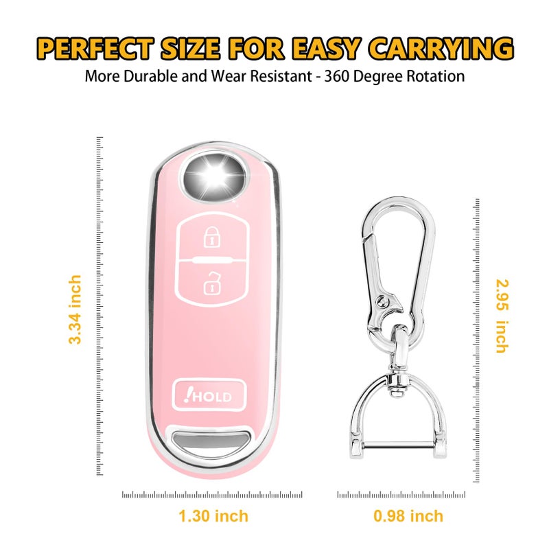 FT FUNTOR for Mazda Key Cover,3 Buttons TPU Key Cover with Silver Edge,Compatible with Mazda 3 6 CX-3 CX-5 CX-7 CX-9 with Keychain (B-Pink) - Image 5