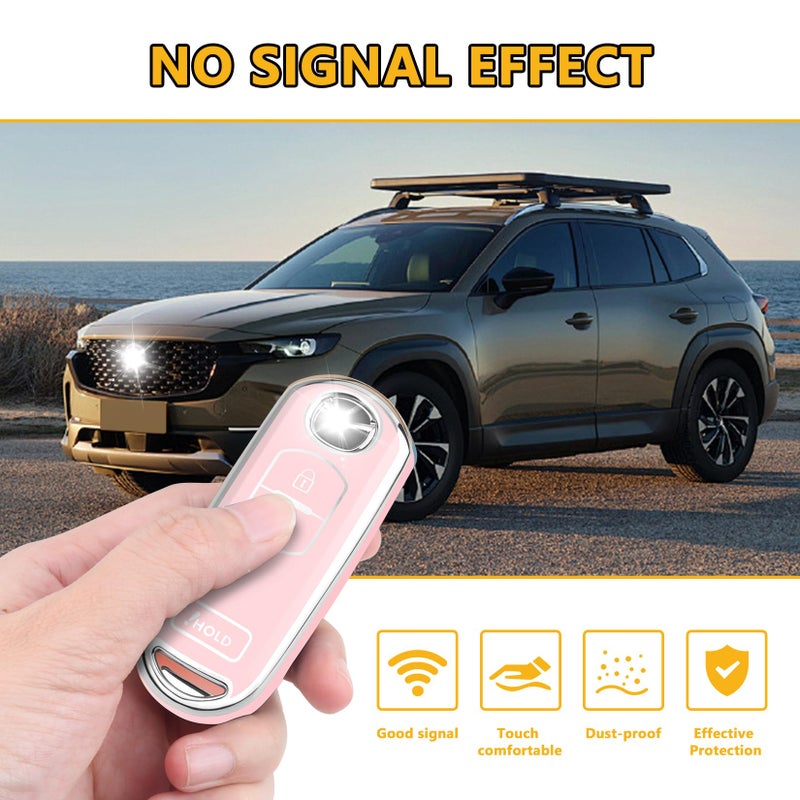FT FUNTOR for Mazda Key Cover,3 Buttons TPU Key Cover with Silver Edge,Compatible with Mazda 3 6 CX-3 CX-5 CX-7 CX-9 with Keychain (B-Pink) - Image 3