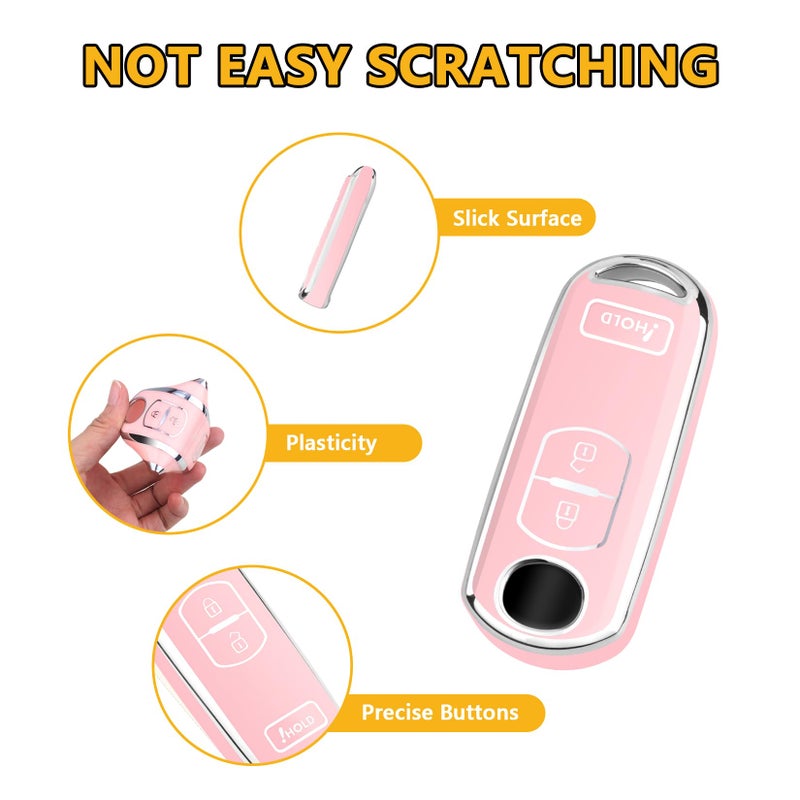 FT FUNTOR for Mazda Key Cover,3 Buttons TPU Key Cover with Silver Edge,Compatible with Mazda 3 6 CX-3 CX-5 CX-7 CX-9 with Keychain (B-Pink) - Image 4