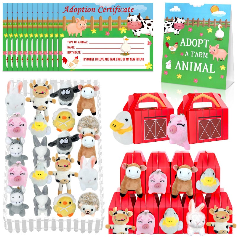 Jiytivity 63 Pcs Farm Animal Party Favors Include 20 Mini Stuffed Animals 20 Foldable Farm Boxes 20 Adoption Card 1 Adopt Sign 2 Fence for Adopt a Farm Animal Adopt a Pet Party Favors - Image 1