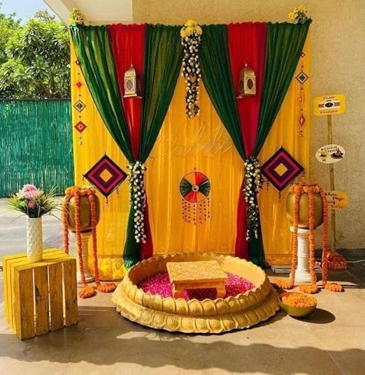 Generic Nutts Haldi Backdrop Items for Wedding Decoration HaldiWeddingMehndi Decoration Haldi Decor with Kites Yellow Mini Kali Big Gota Circle Kite Toran String Yellow Genda 