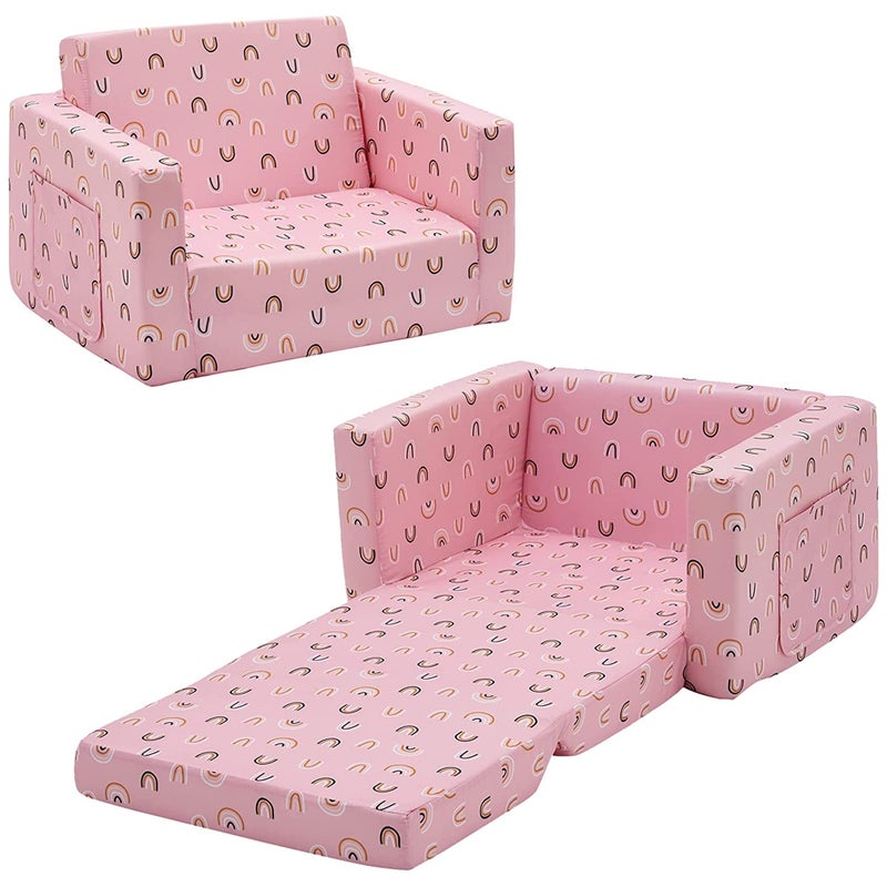 Ulax furniture Ulax furniture Kids Sofa Chair Children FILPOut Chair 2in1 Convertible Sofa to Sleeper Couch Pink Rainbow 