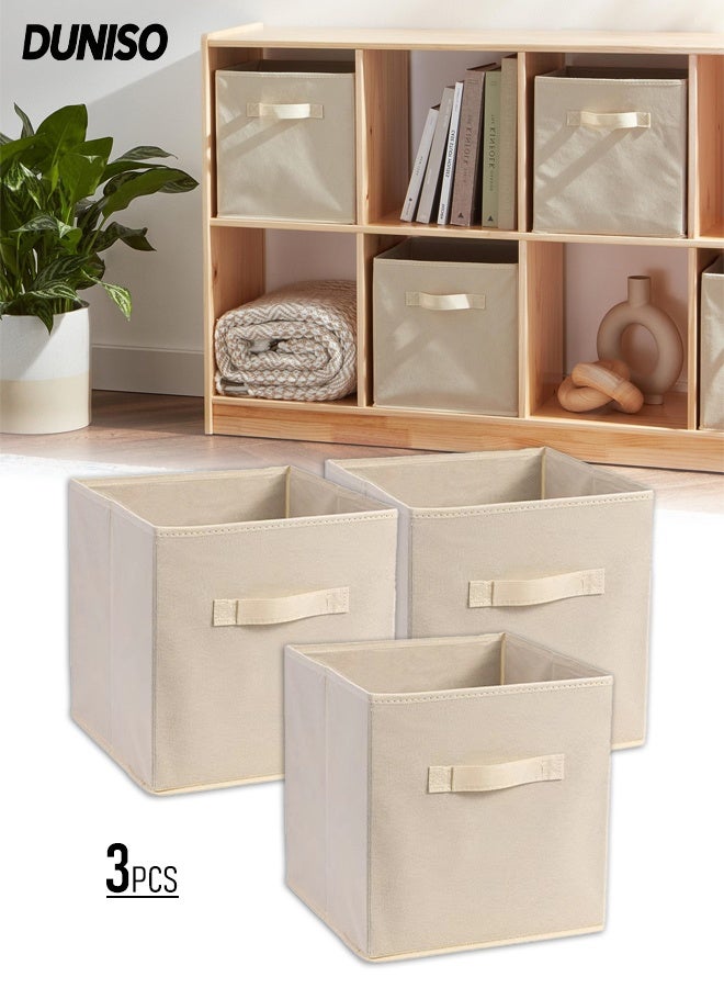 DUNISO Collapsible Fabric Storage Cubes Organizer with Handles,Set of 3 Beige Storage Cubes  Fabric Bins with Handles for Clothes Toys Books Organization(30x30x30 cm) - Image 1