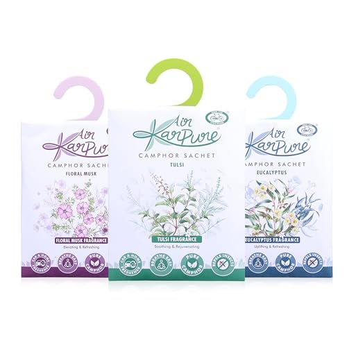 Cycle Pure Karpure Camphor Sachet - Pack of 3 | Air Freshener for Wardrobe, Home, Office, Bathroom, Car | Thulsi, Floral Musk, Eucalyptus| Each Lasts up to 30 Days - Image 1