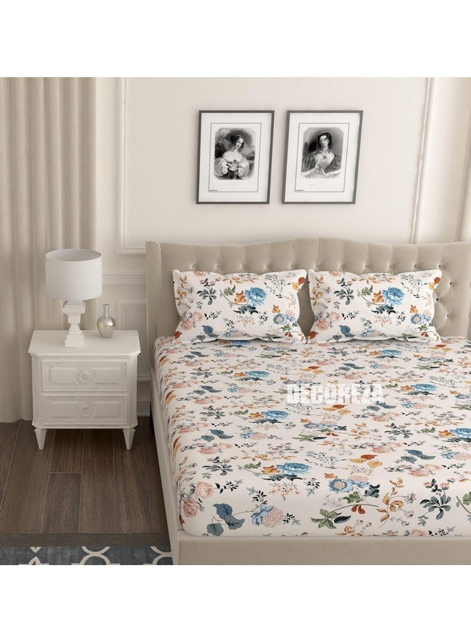 DECOREZA Soft Cotton Feel All Around Deep Pocket Fitted Bedsheets Queen Size, Premium Elastic Fitted Bedsheets for Double Bed with 2 Pillow Covers, Size- 78" x 60" (Kashmir Blue) - Image 1