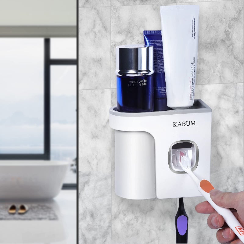 KABUM حامل فرشاة الأسنان KABUM لحمامات موزع معجون الأسنان - ضغط معجون الأسنان الأوتوماتيكي مثبت على الحائط، حامل فرشاة الأسنان ومعجون الأسنان، رمادي - Image 1