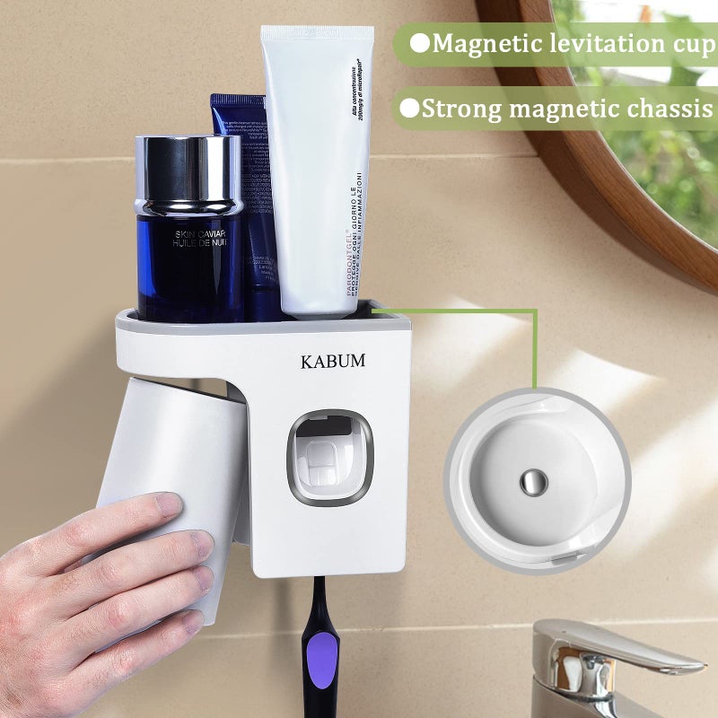 KABUM حامل فرشاة الأسنان KABUM لحمامات موزع معجون الأسنان - ضغط معجون الأسنان الأوتوماتيكي مثبت على الحائط، حامل فرشاة الأسنان ومعجون الأسنان، رمادي - Image 3