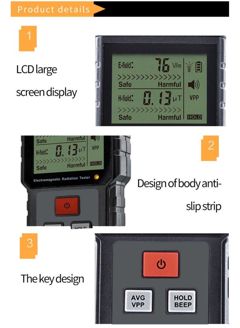 ELIKLIV "Portable Digital EMF Meter - High Precision Electromagnetic Field Detector for Home/Outdoor Use, Ghost Hunting Device with LED & Sound Alarm (1-1999V/m, 0.01-99.99μT) - Black  - Image 3