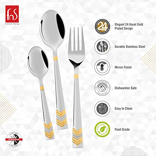 FnS RAGA 24 Karat Gold Plated 18 Pcs Cutlery Set (6 Pc Dinner Spoons, 6 Pc Dinner Fork, 6 Pc Tea Spoons) - Image 2