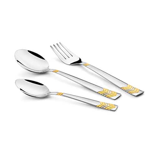 FnS RAGA 24 Karat Gold Plated 18 Pcs Cutlery Set (6 Pc Dinner Spoons, 6 Pc Dinner Fork, 6 Pc Tea Spoons) - Image 1