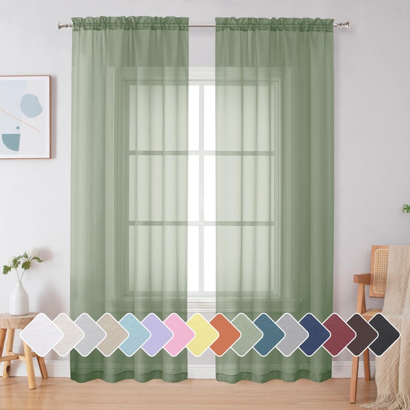 Simplebrand Sage Sheer Curtains 84 Inches Long Light Filtering Rod Pocket Solid Color Window Sheer Curtain Panels Elegant Curtains  Drapes for Living Room Bedroom 2 Panels Sage 42 W x 84 L