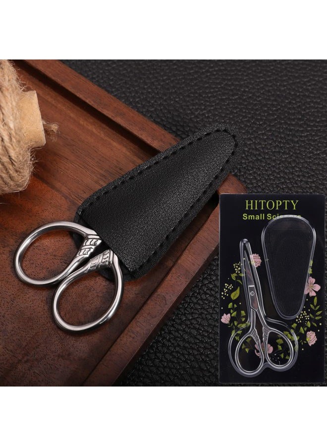 HITOPTY مقص دقيق صغير، 3.5 بوصة من الفولاذ المقاوم للصدأ مجموعة أدوات تجميل متعددة الاستخدامات بتصميم قديم للعناية بالشعر الوجه، الحواجب، الرموش، اللحية، الشارب مع غلاف من جلد PU - Image 2