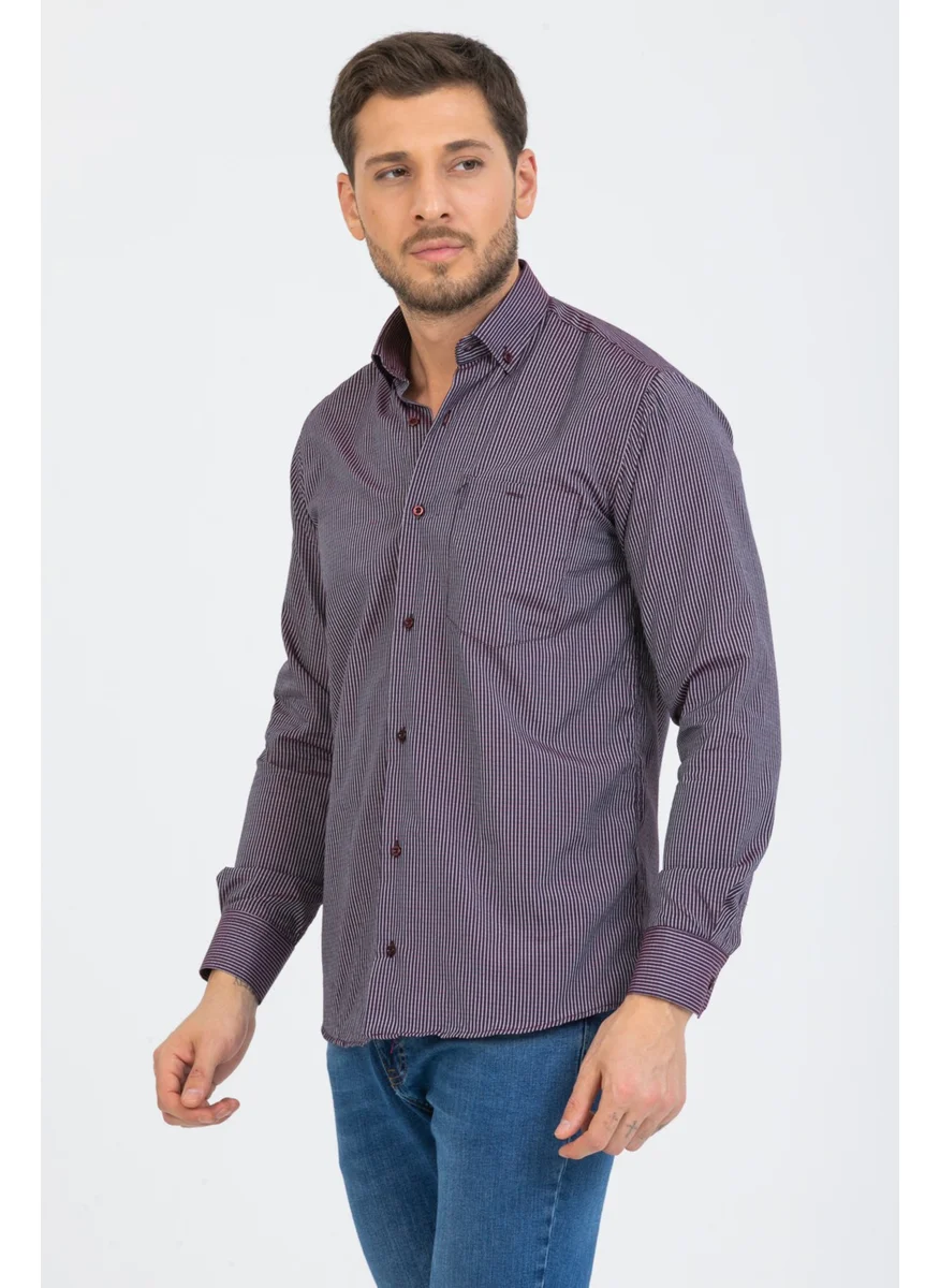 Varetta Men's Plum Long Sleeve Striped Single Pocket Collar Buttoned Shirt