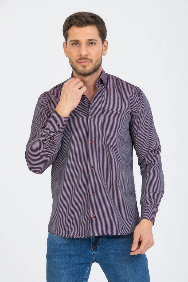 Varetta Men's Plum Long Sleeve Striped Single Pocket Collar Buttoned Shirt