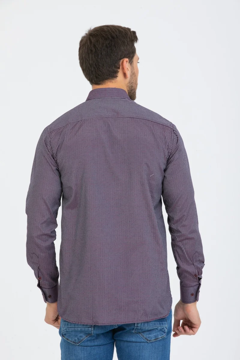 Varetta Men's Plum Long Sleeve Striped Single Pocket Collar Buttoned Shirt