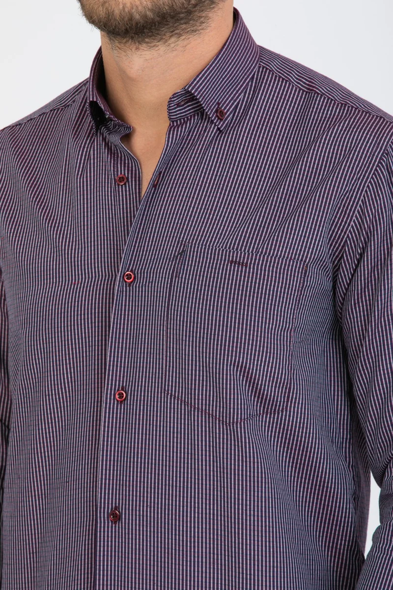 Varetta Men's Plum Long Sleeve Striped Single Pocket Collar Buttoned Shirt