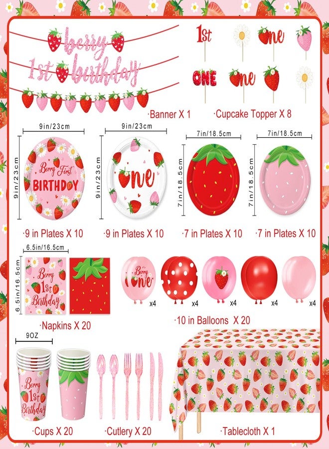 LINHAXM Berry First Birthday Decor Strawberry 1st Birthday Decorations for Plates, Napkins, Cups, Cutlery, Cupcake Toppers, Banner, Tablecloth, Balloons for Girls Strawberry Party Decorations, Serve 20 - Image 2