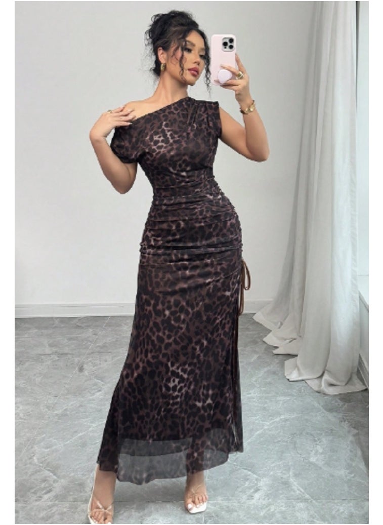 Shein Sleeveless Asymmetric Ruched Leopard Chiffon Maxi Dress  - Image 4