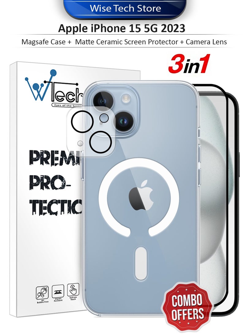 دبليو تيك هاتف آبل آيفون 15 5G 2023 حزمة حماية 3 في 1، غطاء شفاف فائق مضاد للصدمات مع ماجسيف، واقي شاشة سيراميكي مطفي، وواقي عدسة الكاميرا بحماية 360، تركيب سهل - شفاف/أسود - Image 1