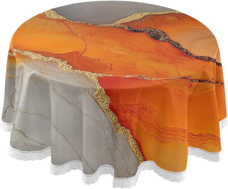 KLL Marble Orange Gold Table Cloths Round Washable Round Tablecloth Plastic 60 Inch Dia for Kitchen Buffet Restaurant Camping - Image 1