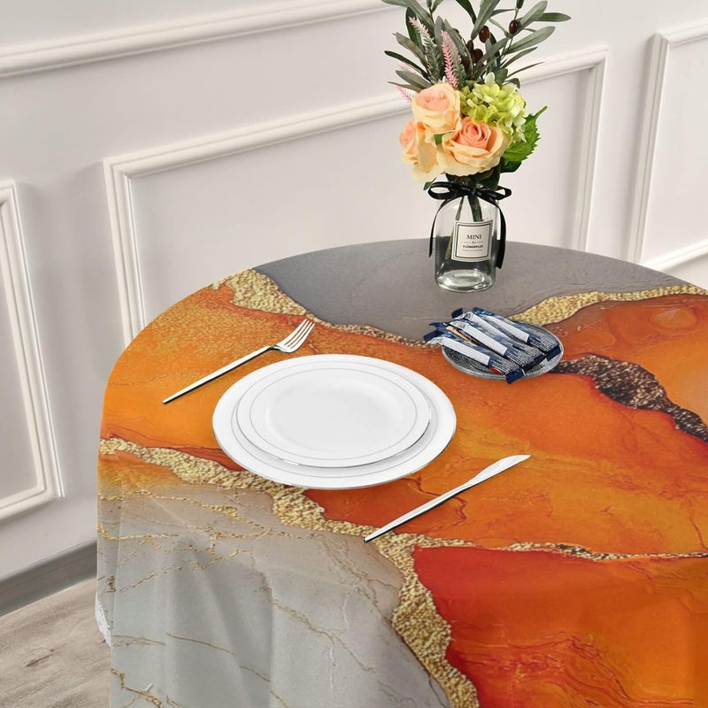 KLL Marble Orange Gold Table Cloths Round Washable Round Tablecloth Plastic 60 Inch Dia for Kitchen Buffet Restaurant Camping - Image 5