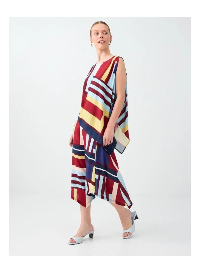 Jimmy Key Red Geometric Pattern Asymmetric Midi Skirt.
