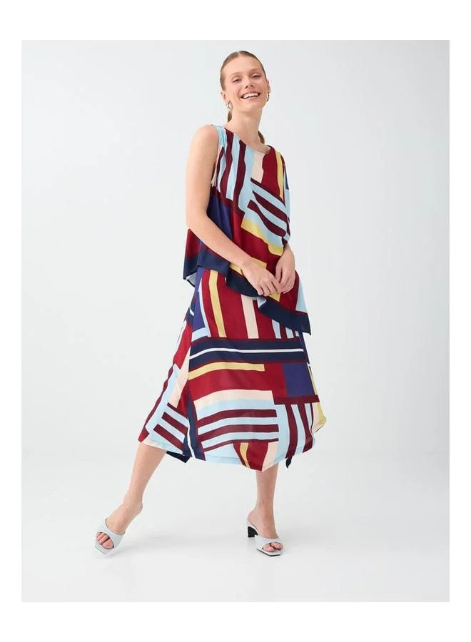 Jimmy Key Red Geometric Pattern Asymmetric Midi Skirt.