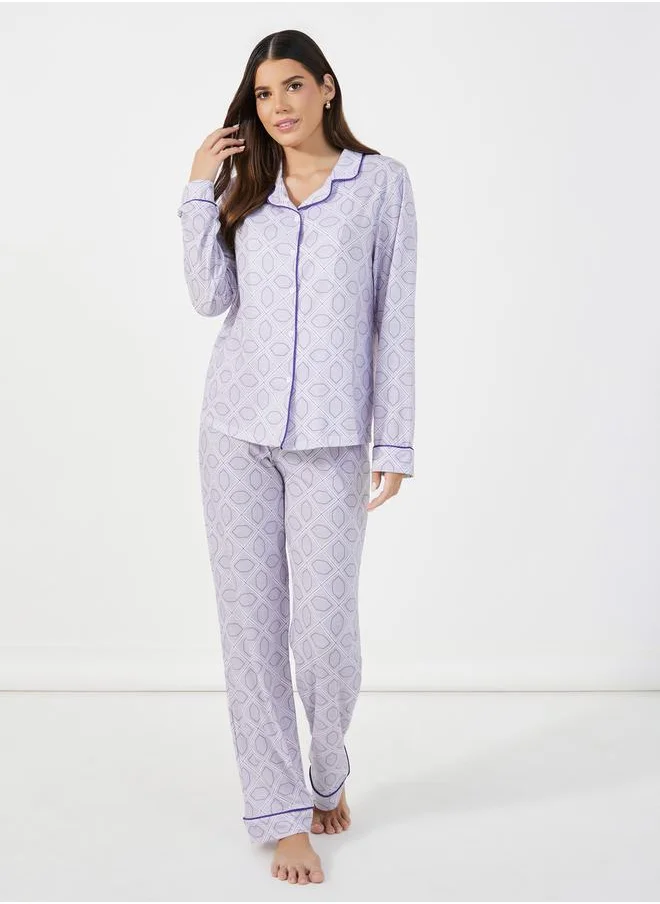 Styli All-Over Abstract Print Piped Trim Detail Shirt & Pyjama Set