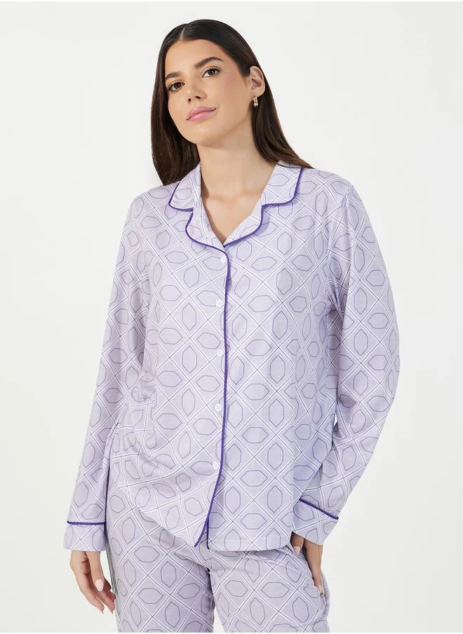 Styli All-Over Abstract Print Piped Trim Detail Shirt & Pyjama Set