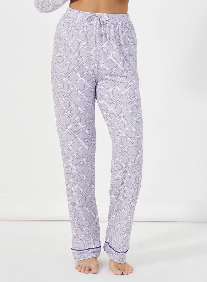 Styli All-Over Abstract Print Piped Trim Detail Shirt & Pyjama Set
