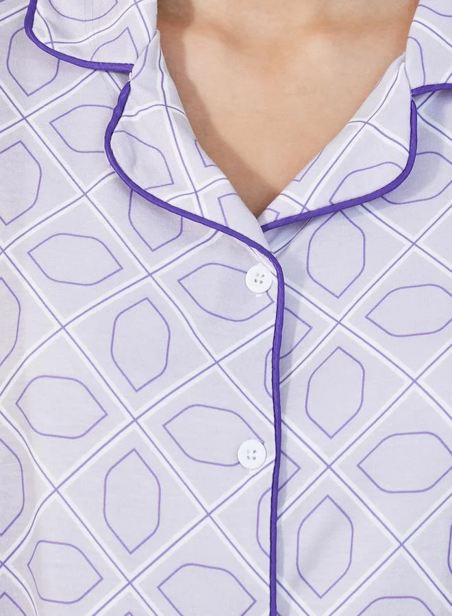 Styli All-Over Abstract Print Piped Trim Detail Shirt & Pyjama Set
