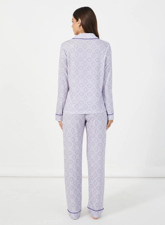 Styli All-Over Abstract Print Piped Trim Detail Shirt & Pyjama Set