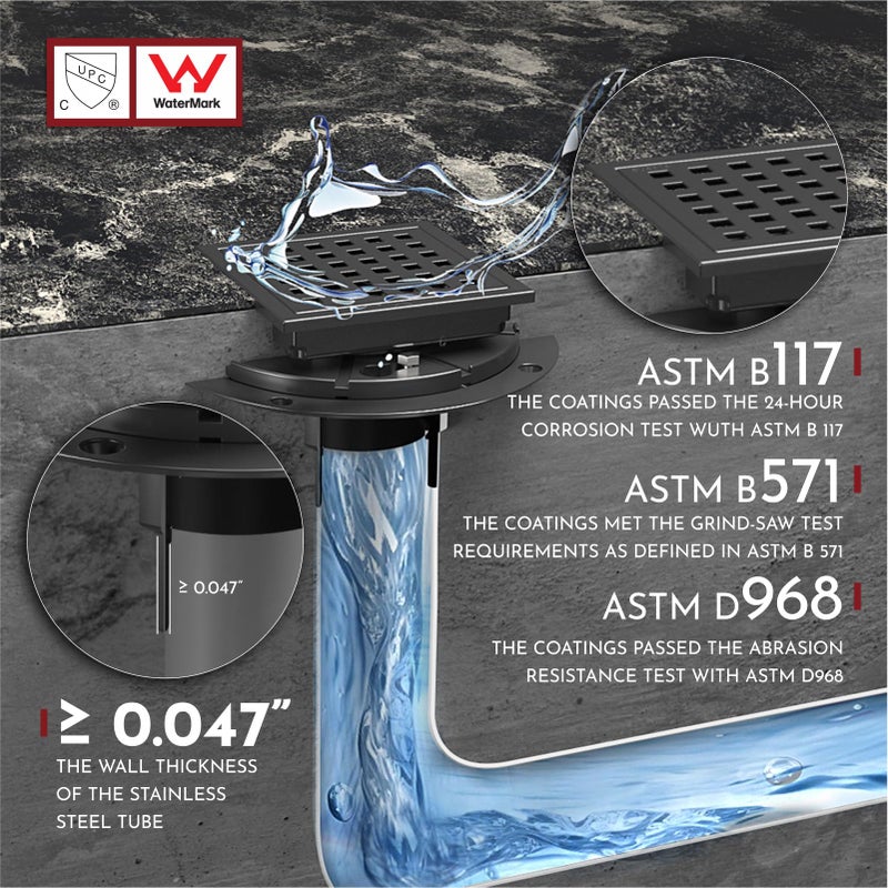 WEBANG 4 Inch Square Shower Floor Drain with Flange,Quadrato Pattern Grate Removable,Food-Grade SUS 304 Stainless Steel,Watermark&CUPC Certified,Matte Black - Image 5