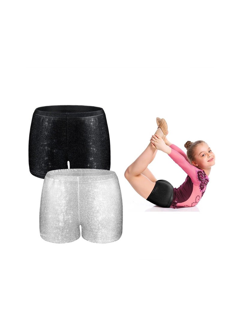 Girls Dance Shorts, 2 Pcs Girls Breathable Gymnastics Shorts Glitter Ballet Dance Shorts Tumbling Athletic Metallic Girls' Athletic Shorts for Kid Girls - Image 1