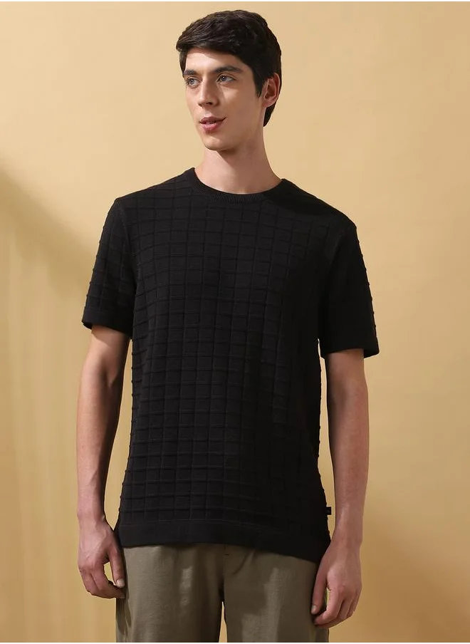 Dennis Lingo Men's Black Flat Knit Textured Regular Fit T-Shirt
