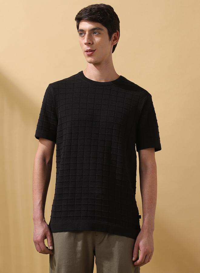 Dennis Lingo Men's Black Flat Knit Textured Regular Fit T-Shirt  - Image 2