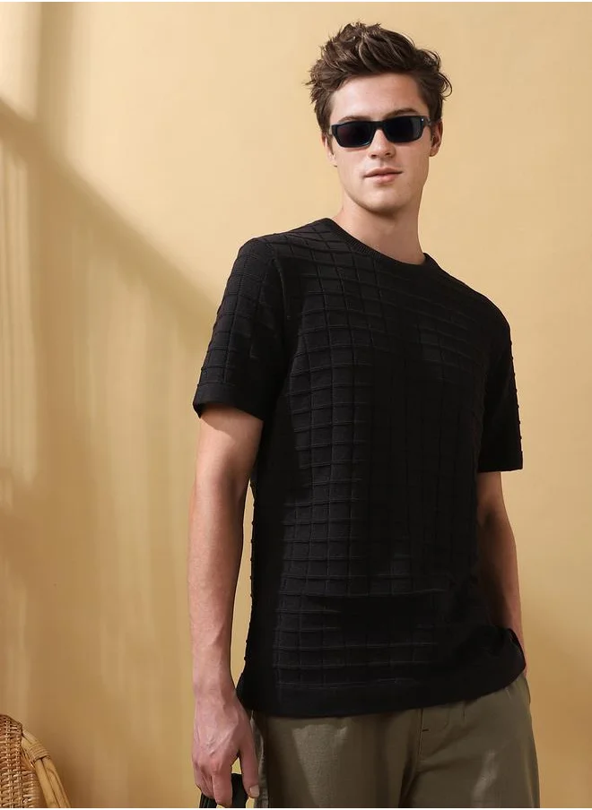 Dennis Lingo Men's Black Flat Knit Textured Regular Fit T-Shirt