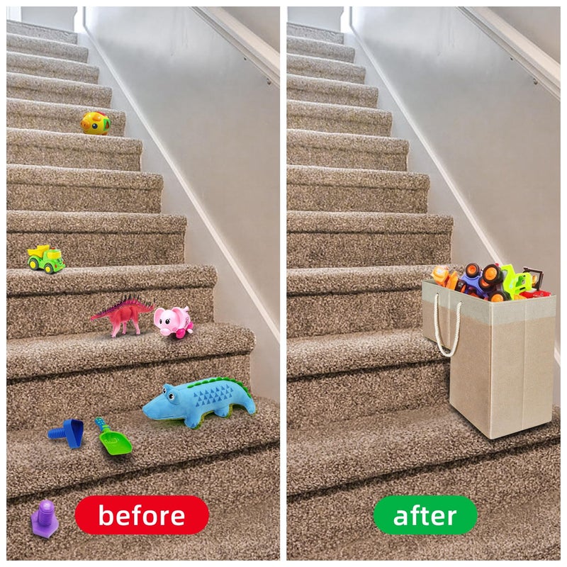 slcinwzdt Stair Basket for Stairs with Handle, Staircase Baskets for Carpeted and Wooden Stairs,16" Step Storage Basket for Toys, Clothes, Books, Tools, with Hard Board, Anti-slip (Beige, 1 pack) - Image 3